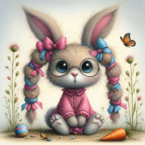 Whimsical oil painting of a cute bunny character