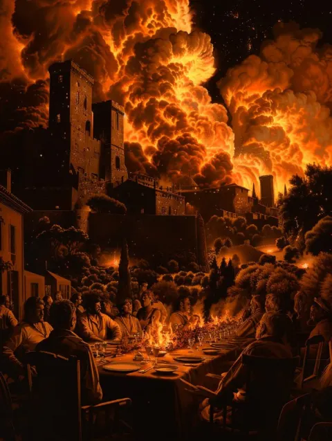Table set for a meal, while a massive fire rages