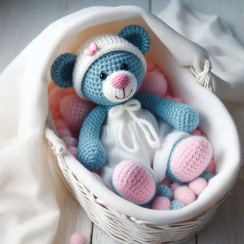A crochet blue/pink teddy bear