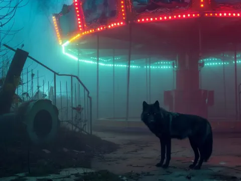 Black wolf stood in an abandoned theme park
