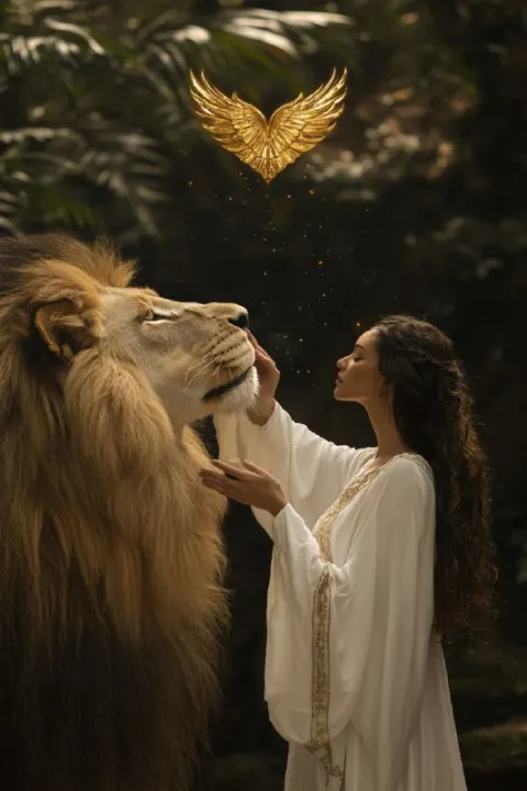 Woman in white robes gently closing the jaws of a lion