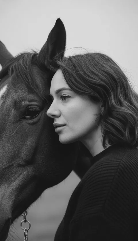 A black and white close-up profile portrait of a woman gently touching the head of a horse.