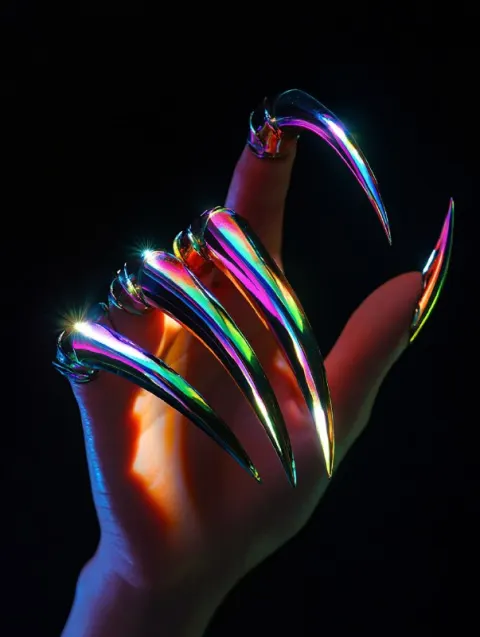 Female hand with claws accessory made of glossy chrome