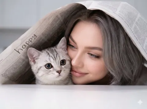 Tender Moment Under Paper with Kitten