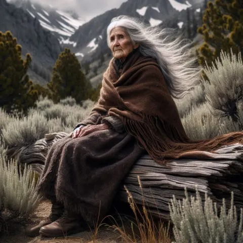Old lady sits on an old fallen log
