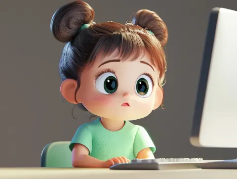Two years old girl sit at the computer