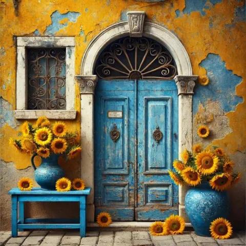 Blue door set into a yellow stucco wall sunflowers