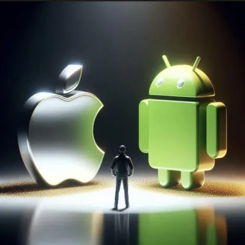 Metallic iPhone Apple logo next to the android logo