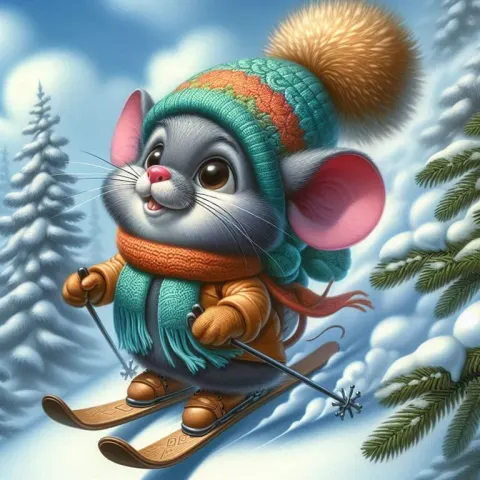 Funny Mouse Skis Down Snowy Hill