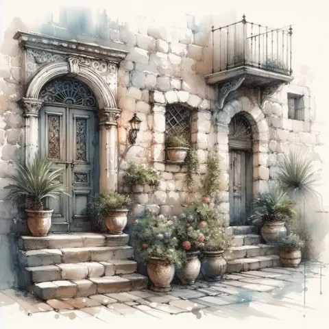 European Stone Building Doorway With Plants Watercolor