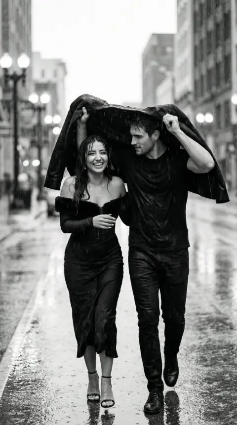 Romantic Couple Shielded From Heavy Rain