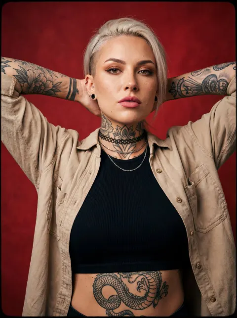 Tattooed Rebel in Crimson Power Pose
