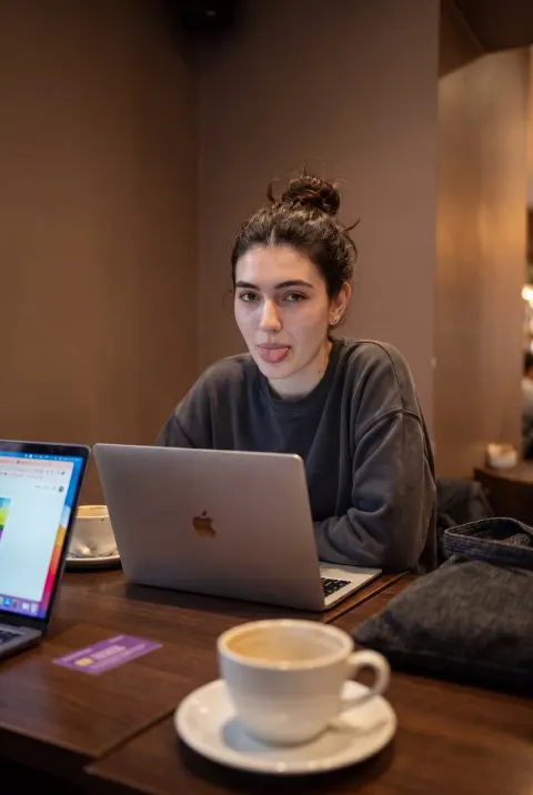 Candid Cafe Moment With Laptop