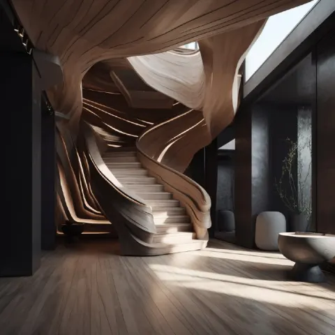 Freeform staircase, made out wooden material