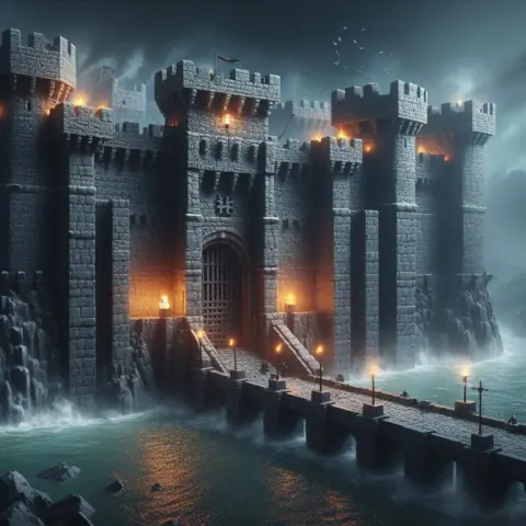 Massive Stone Fortress With Moat and Torchlit Drawbridge