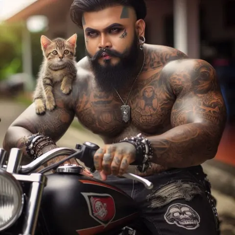 Tattooed Biker on Motorcycle With Kitten on His Shoulder