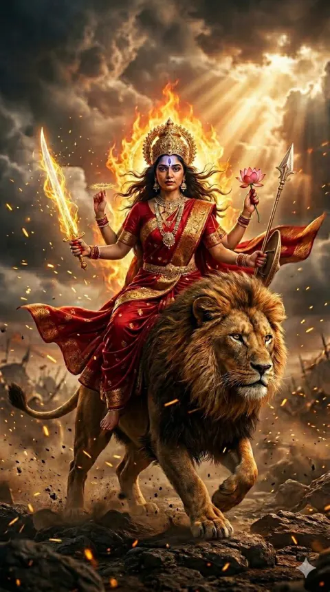 Fierce Goddess Katyayani Riding Lion