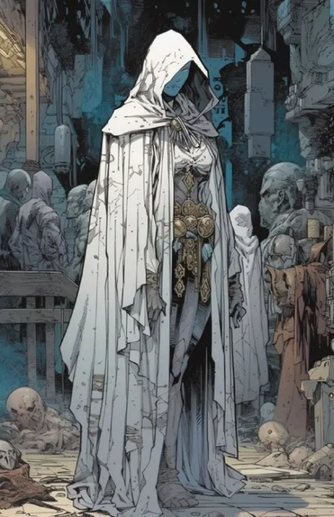 Hooded witch in white robes, hidden face
