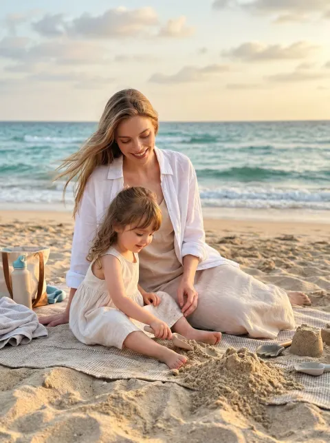 Realistic Beach Moment Mother Daughter