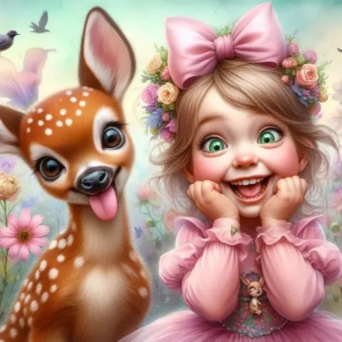 little girl in fairy costumes and her cute happy fawn