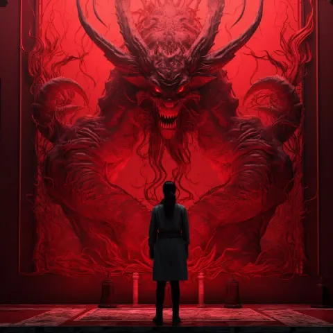 Female Demon Behind Red Screen Ominous Poster Art