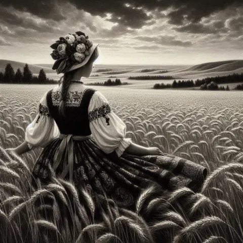 Girl in traditional costume at the edge of a wheat field