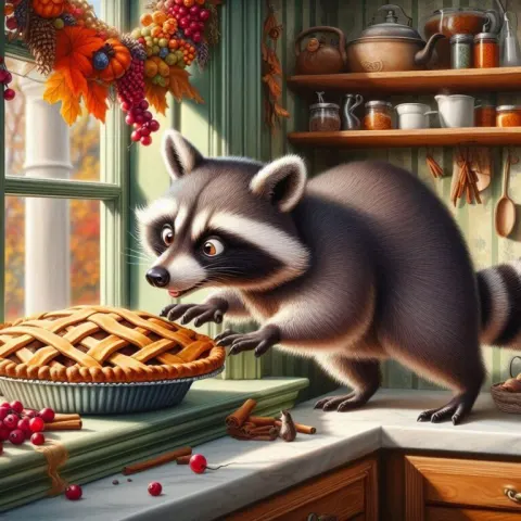Mischief Racoon Sneaking Pie Window