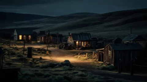 Haunting Ghost Town Ruins Under Full Moon Shadows