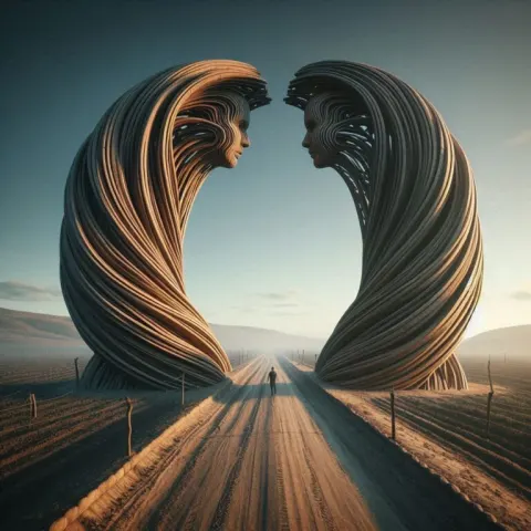 Two wooden arches in the middle of a dirt road