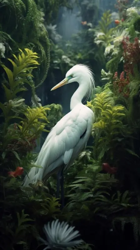 White bird sitting next to plants in a fern