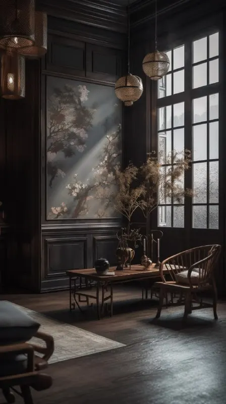 A large room with chinese interior decor