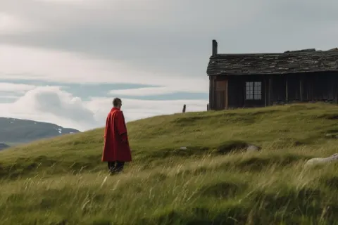 Red-Robed Figure on Grassy Hill by Old Wooden House