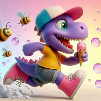 Purple dinosaur, wearing pink boots green cap