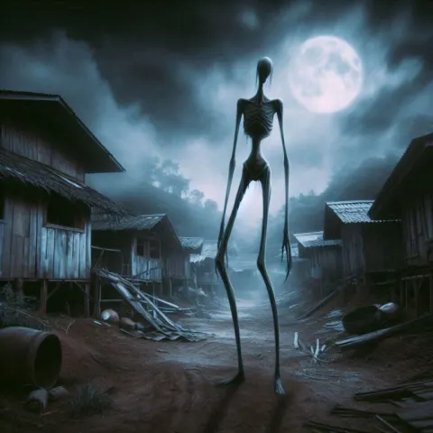 A blurry, distorted, tall, skinny, ghostly figure