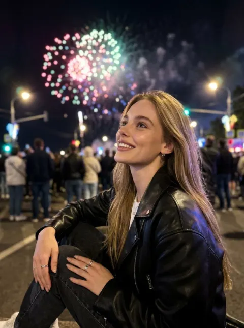 Girl Watching Fireworks at Night
