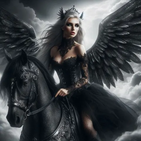 Gothic Angel With Black Wings Riding Winged Horse