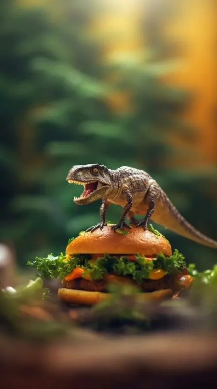 Photo of a dinosaur on top of a burger