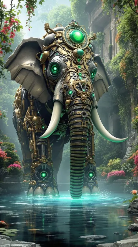 Massive Steampunk Elephant Stepping into Water
