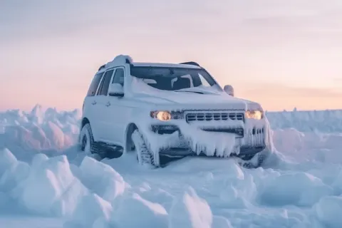 SUV fully frozen stuck in snowdrift