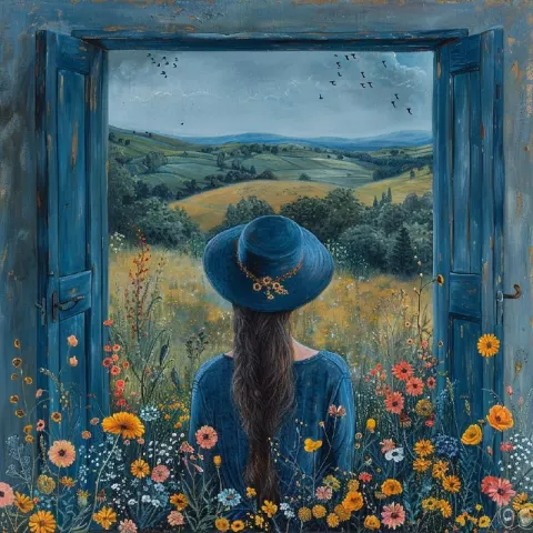 Dreamy Blue Door Woman Illustration
