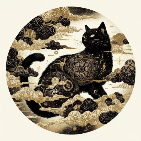 Mystical Black Cat Ink Painting