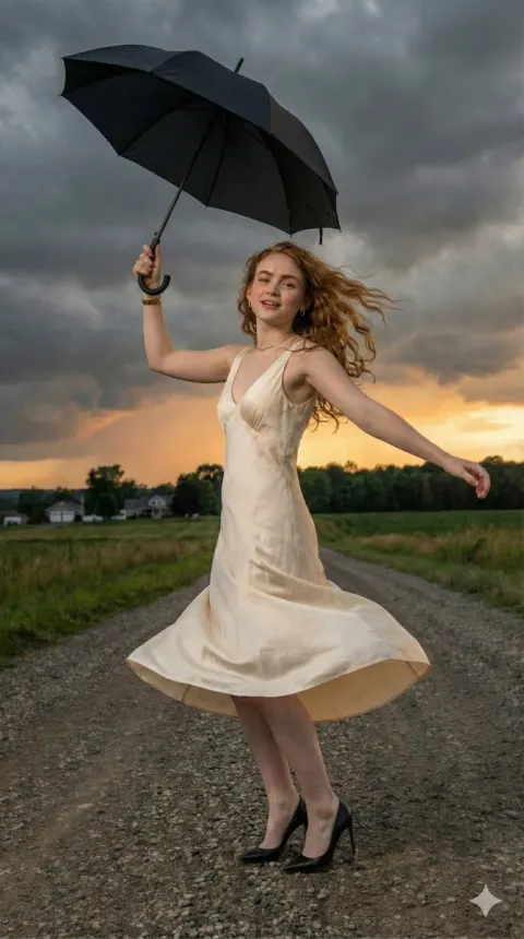 Umbrella Girl in Stormy Sunset