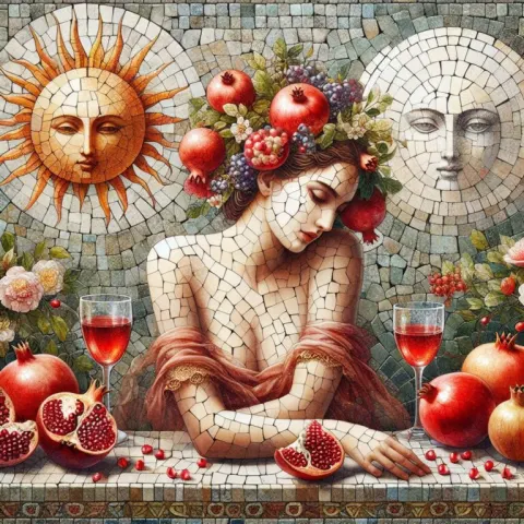 Vintage Mosaic Woman With Pomegranates Sun and Moon