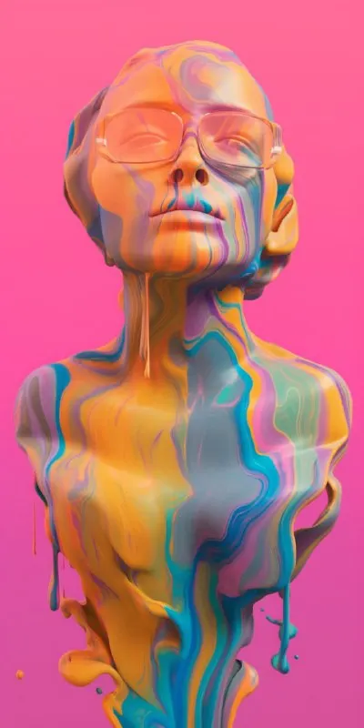 Person Emerging From Glossy Multicolor 3D Paint Flow