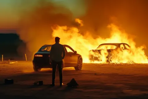 Burning car in desert at evening