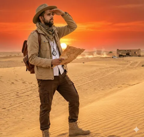 Desert Explorer Sunset Scene