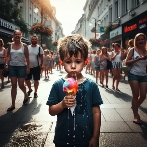 A child stands in the middle of a pedestrian street