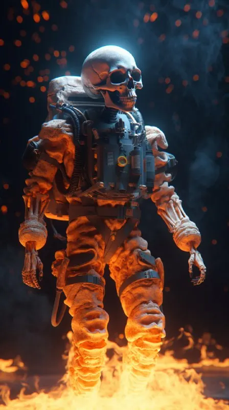 Skeletal Astronaut in Plastic Suit Surrounded by Fire