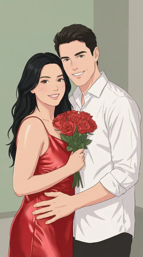 Soft Anime Couple Red Satin Illustration
