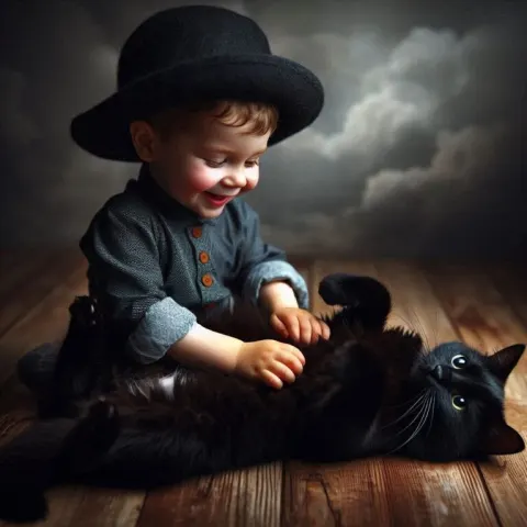 Little black cat having his tummy tickled
